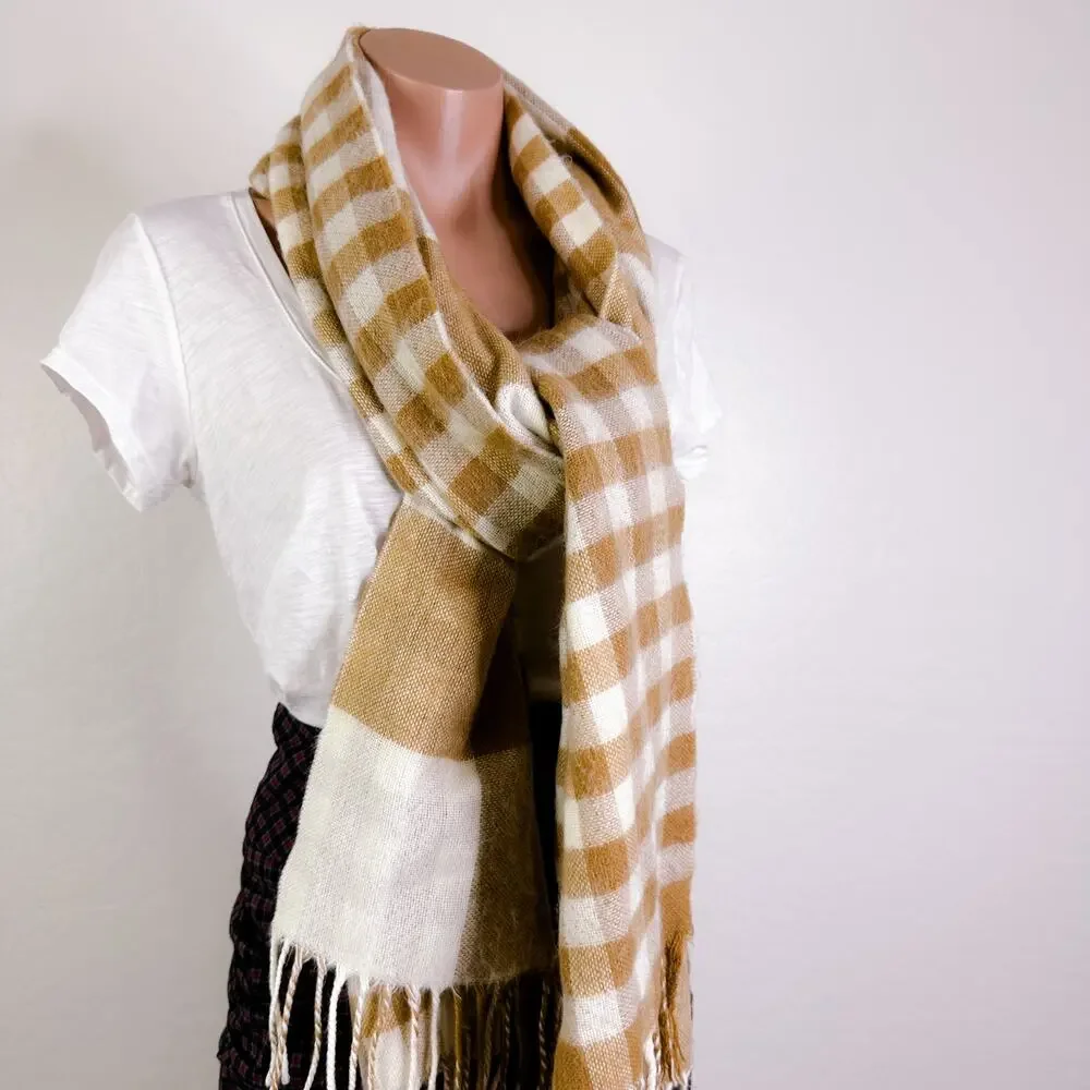 Topshop Cute Fringe Reversible Two Sided Gingham Plaid Scarf Tan Beige White NEW